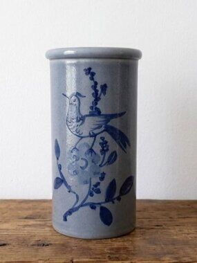 Heavy Stoneware Pottery Utensil Holder Vase Blue Bird Floral Folk Art Primitive